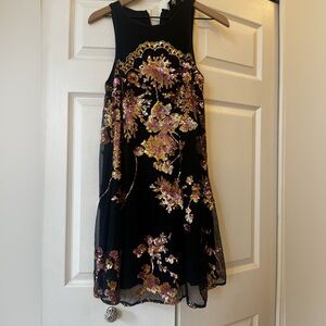 Badgley Mischka black Floral sequin Embroidered Sleeveless Dress